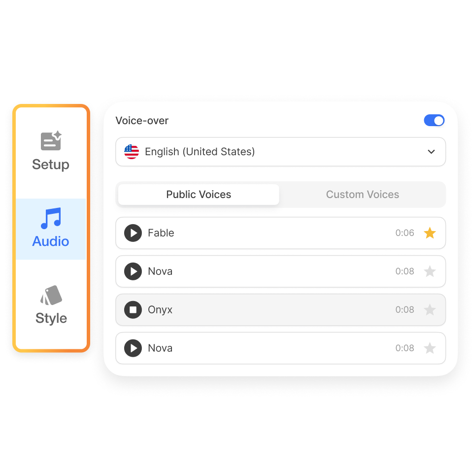 Choose voiceover style and pacing preferences when converting PPT to video with Visla.